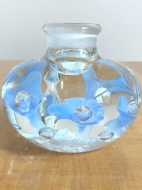 Joe Rice 1988 Signed Art Glass Perfume Bottle Base Blue Floral Controlled Bubble
